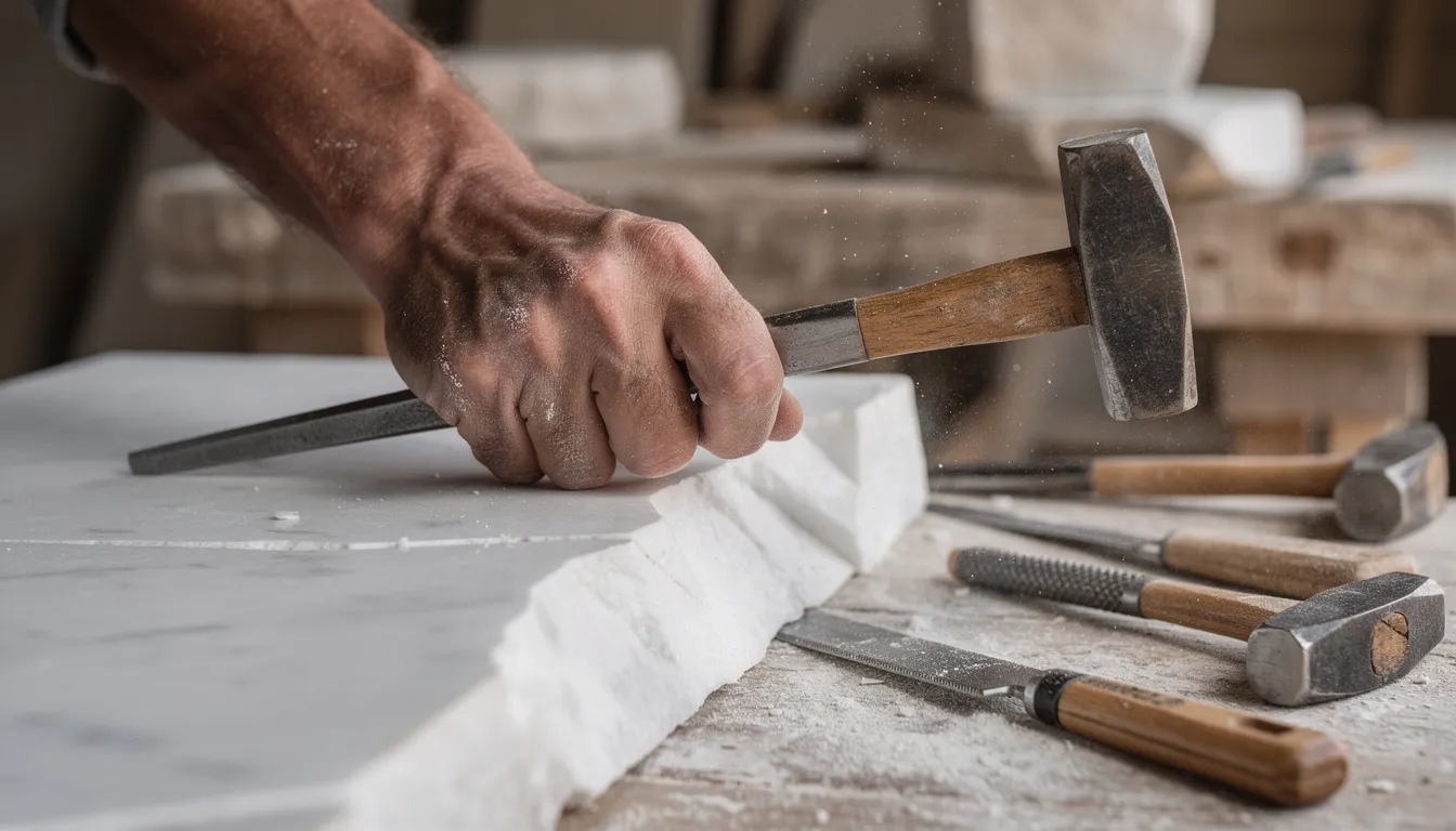L'immagine mostra le mani di un artigiano mentre lavora su una superficie di marmo, utilizzando strumenti tradizionali per la lavorazione di lapidi in marmo. Si possono notare dettagli della pietra e l'abilità dell'artigiano nella creazione di opere d'arte funeraria.