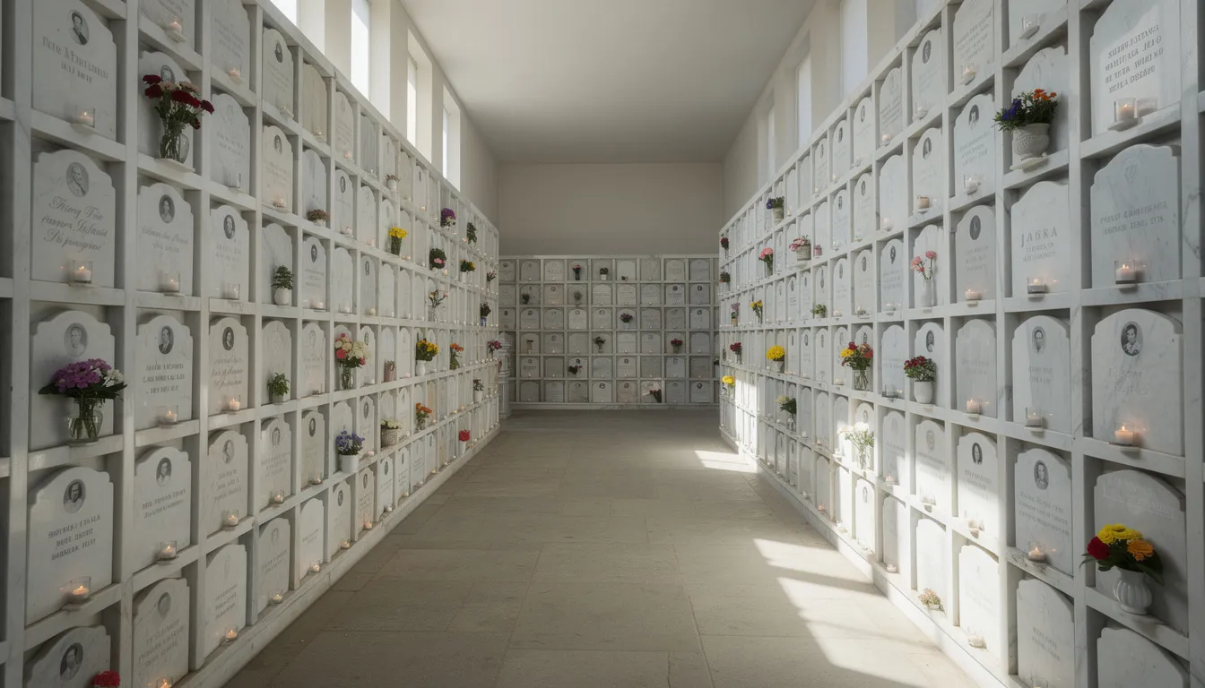 L'immagine mostra una galleria di loculi cimiteriali con lapidi in marmo bianco.