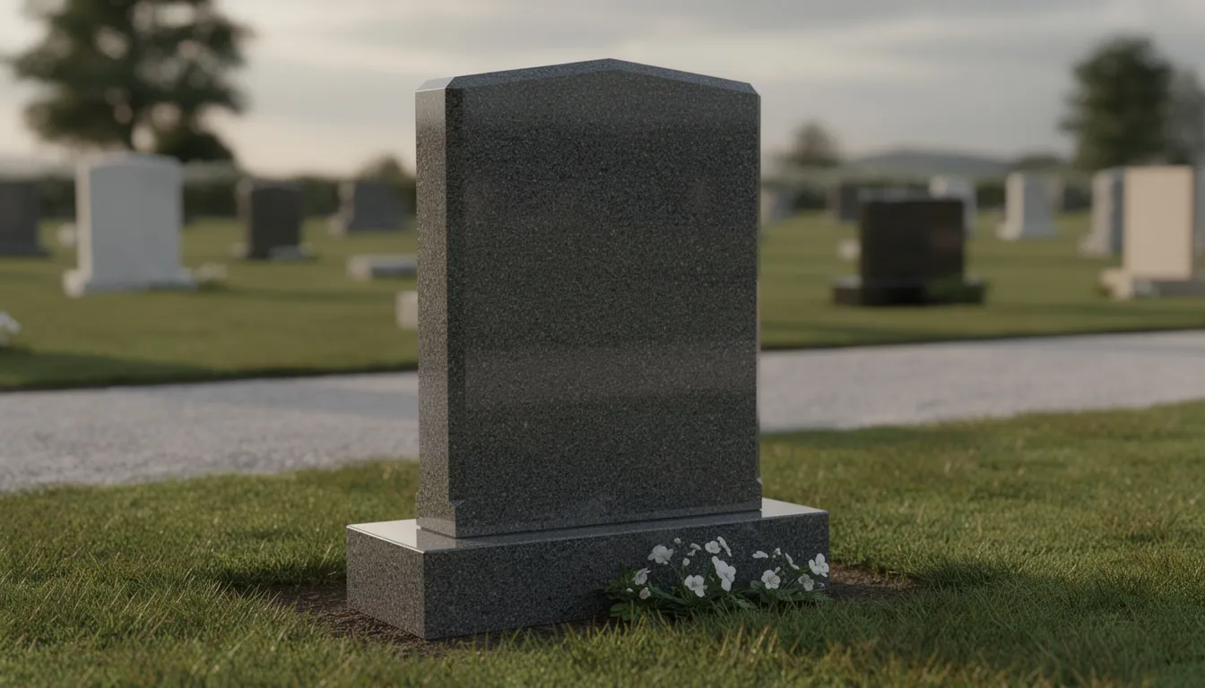 Un'immagine di una lapide cimiteriale moderna, caratterizzata da linee geometriche pulite e una superficie lucida.