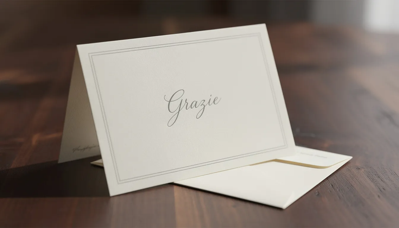 Un elegante biglietto di ringraziamento per lutto, realizzato su carta avorio con un bordo sobrio.