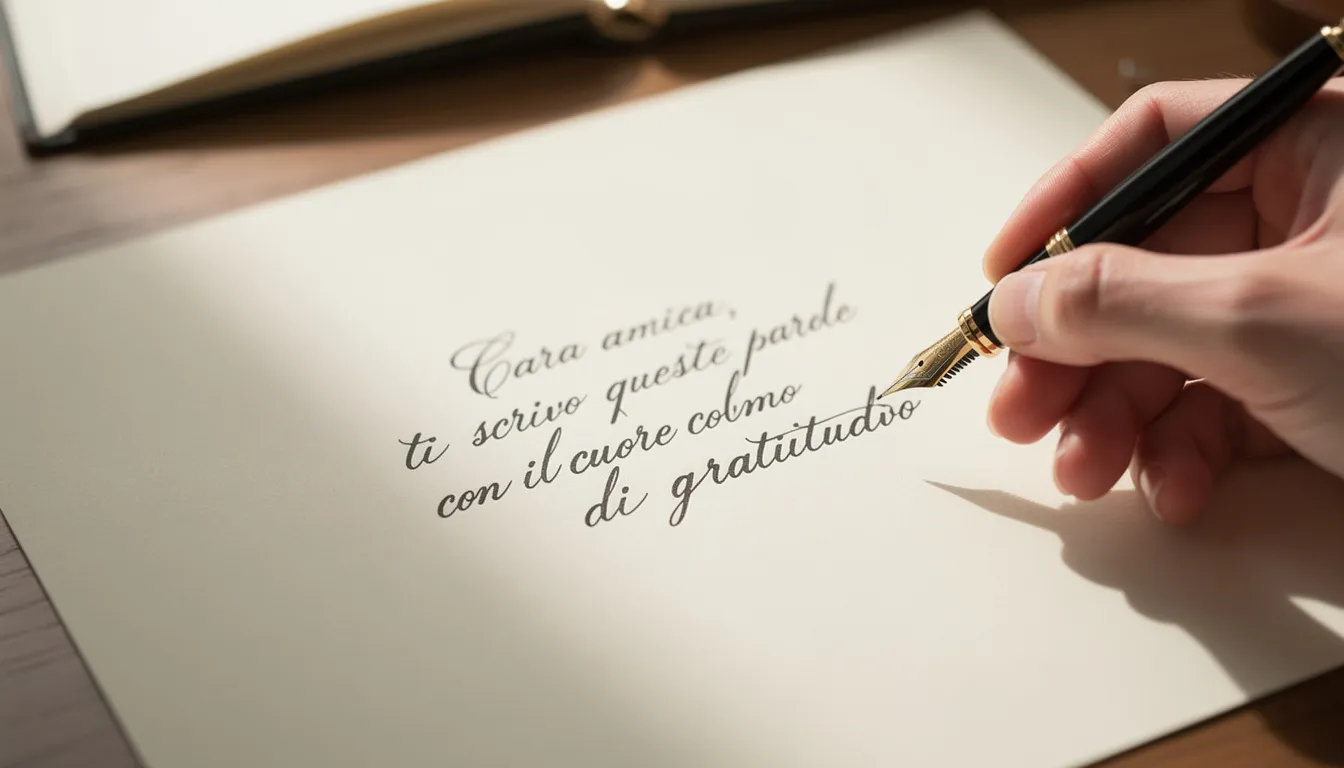 Due mani scrivono con una penna stilografica su una carta elegante color avorio.