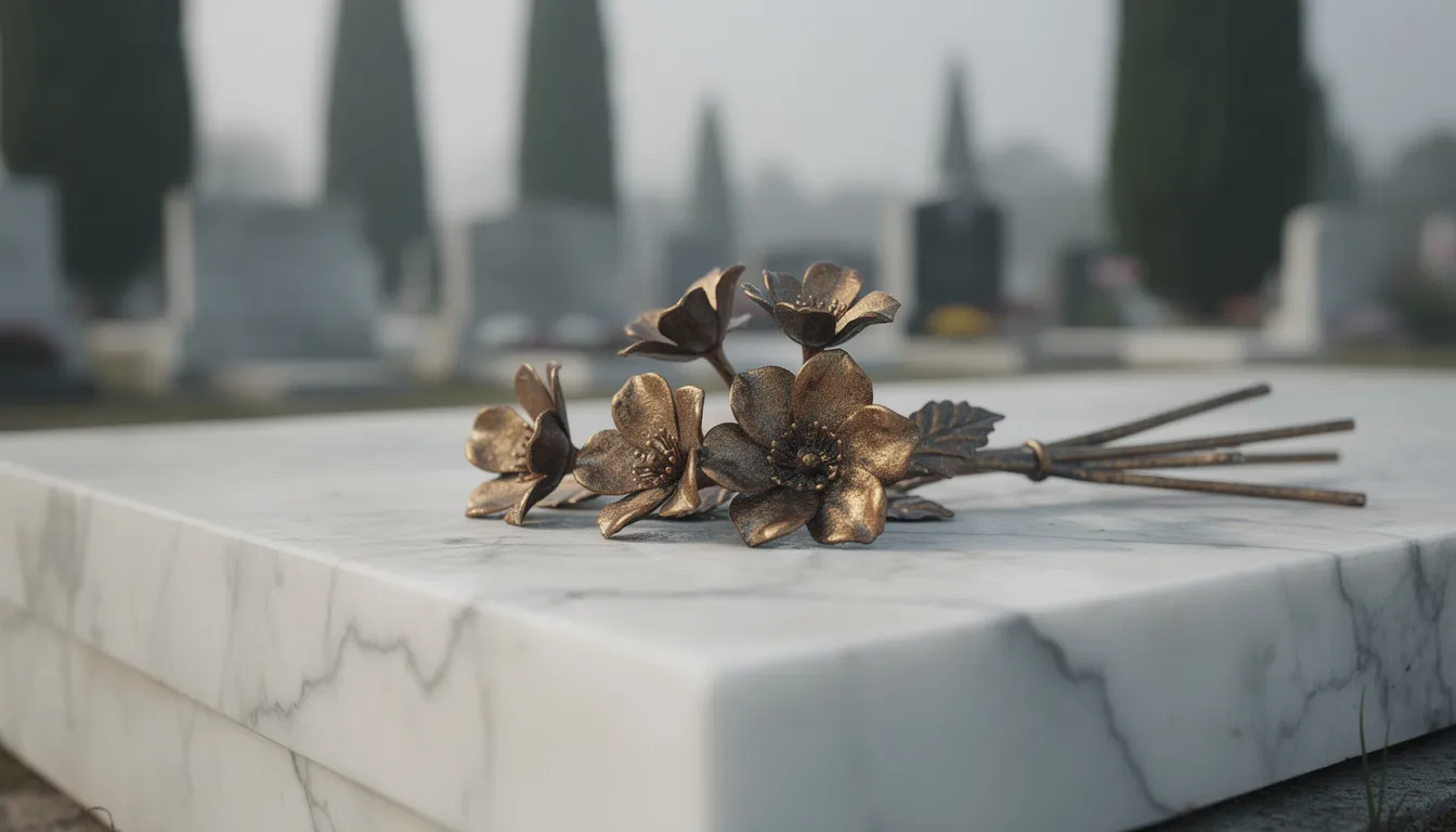 Fiori in bronzo elegantemente posati su una lapide in marmo chiaro, situata in un cimitero tranquillo. La decorazione floreale per lapidi aggiunge un tocco di bellezza e rispetto al luogo di riposo.