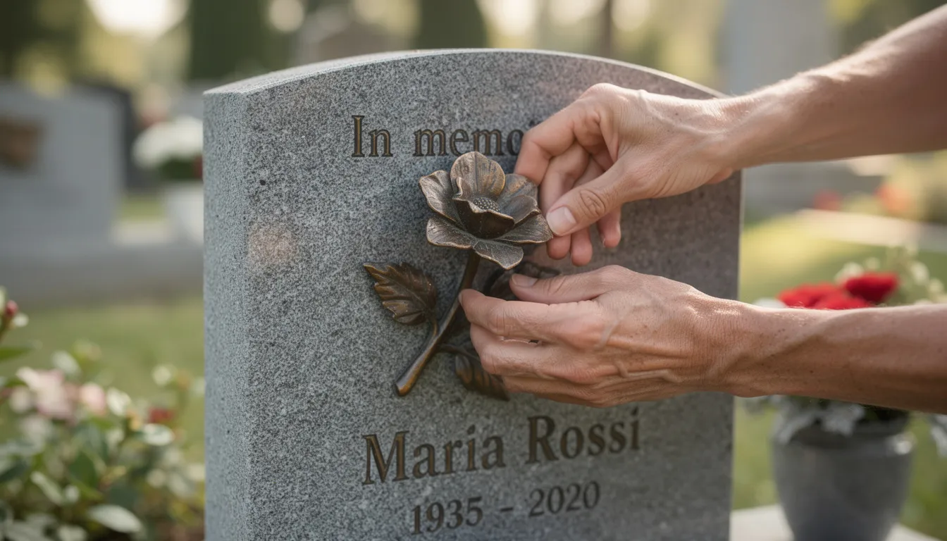 Due mani esperte posizionano con cura un fiore in bronzo su una lapide in granito, evidenziando l'attenzione ai dettagli e la bellezza delle decorazioni floreali per lapidi. L'immagine trasmette un senso di rispetto e cura per i monumenti commemorativi.
