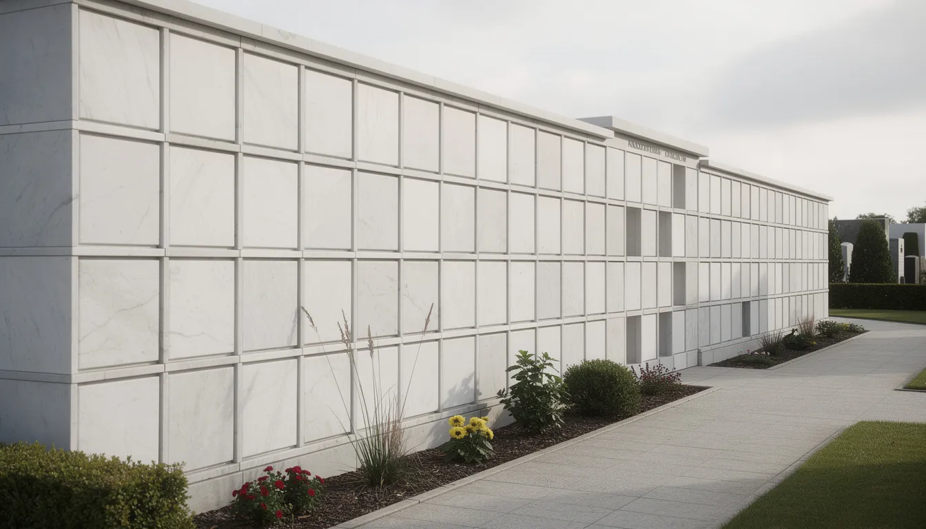 Immagine di una parete di loculi cimiteriali, caratterizzata da lastre in marmo bianco.