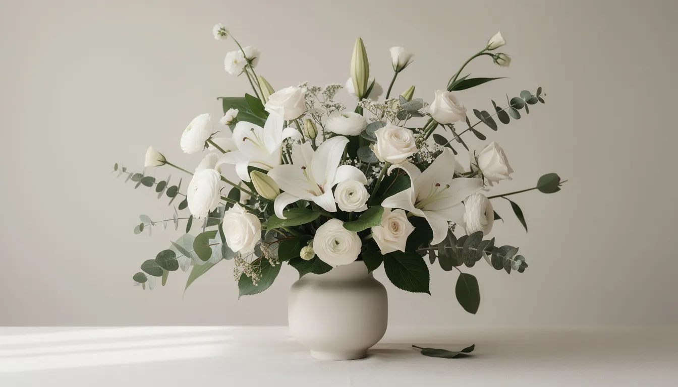 Una composizione floreale elegante con fiori bianchi e verde, disposta su uno sfondo neutro.