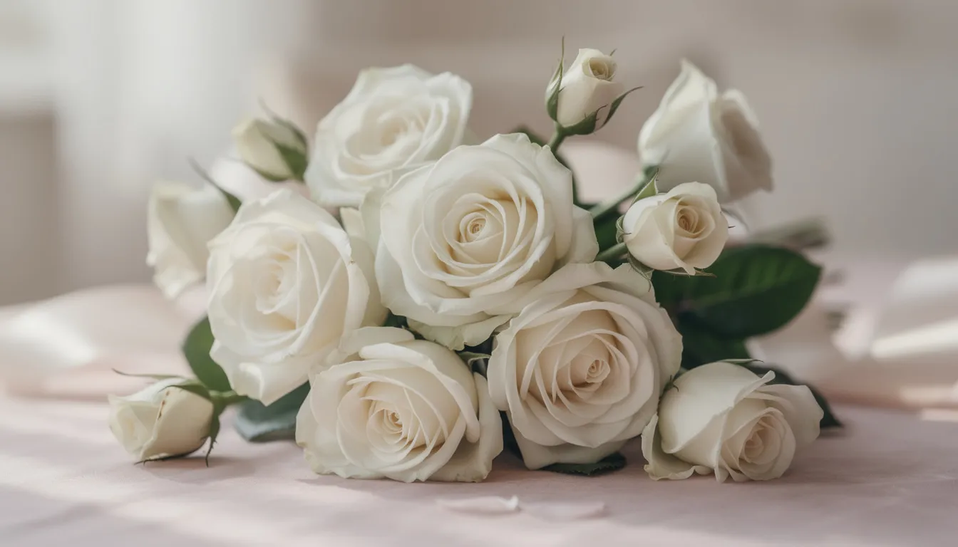 L'immagine mostra delle eleganti rose bianche disposte su uno sfondo delicato.