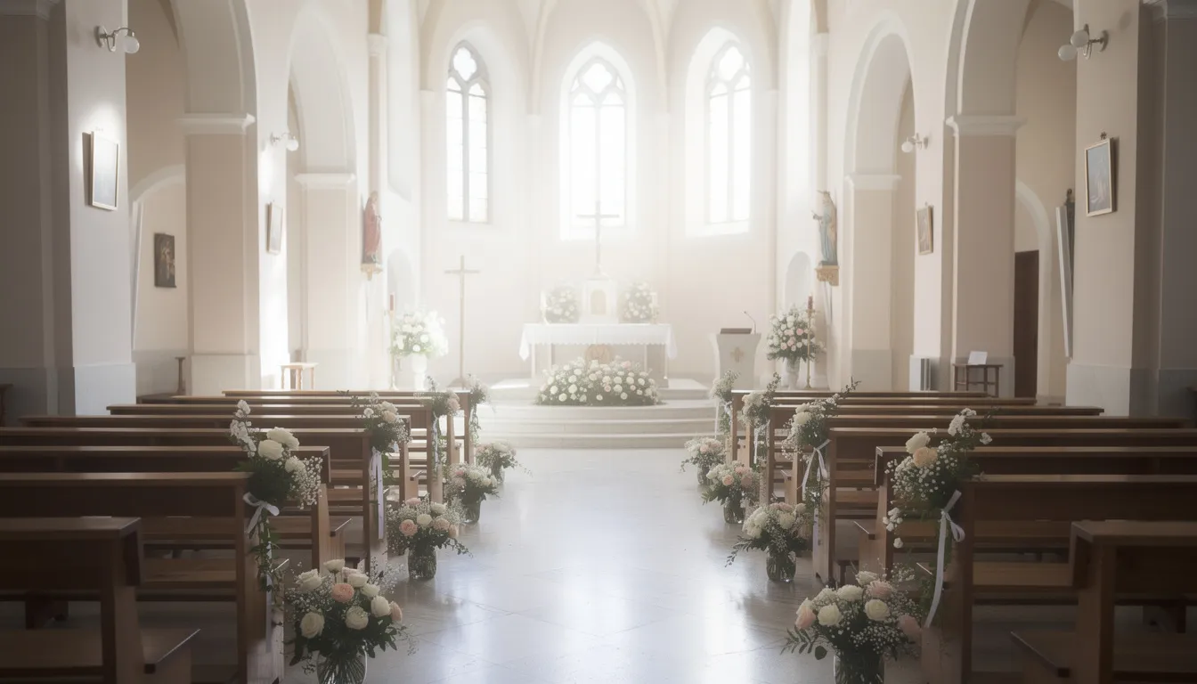 Interno di una chiesa con un allestimento floreale sobrio e luminoso, caratterizzato da eleganti composizioni floreali bianche e verdi.