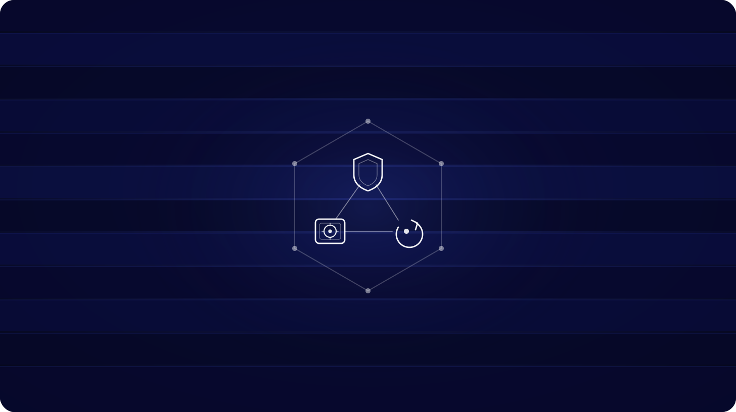 Navy header with a shield, vault and circular-arrow line-art icon cluster for Insurance Float Managed On-Chain