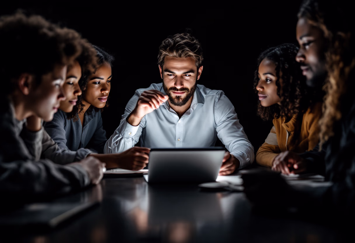 image of a teacher interacting with students using digital tools (for a edtech)