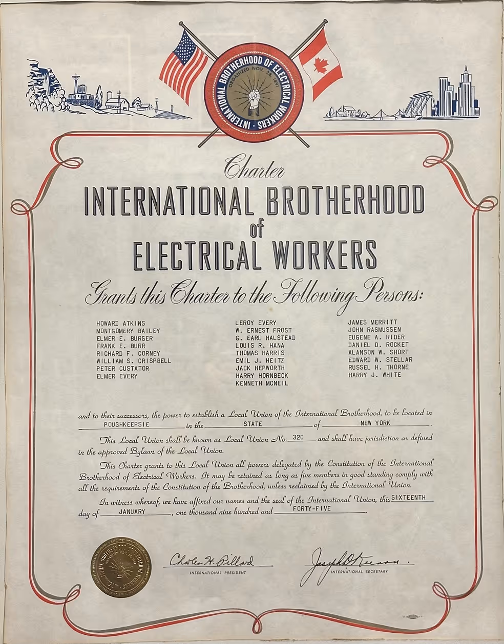 A historic charter from 1945 establishing Local Union No. 320 of the International Brotherhood of Electrical Workers in Poughkeepsie, NY.
