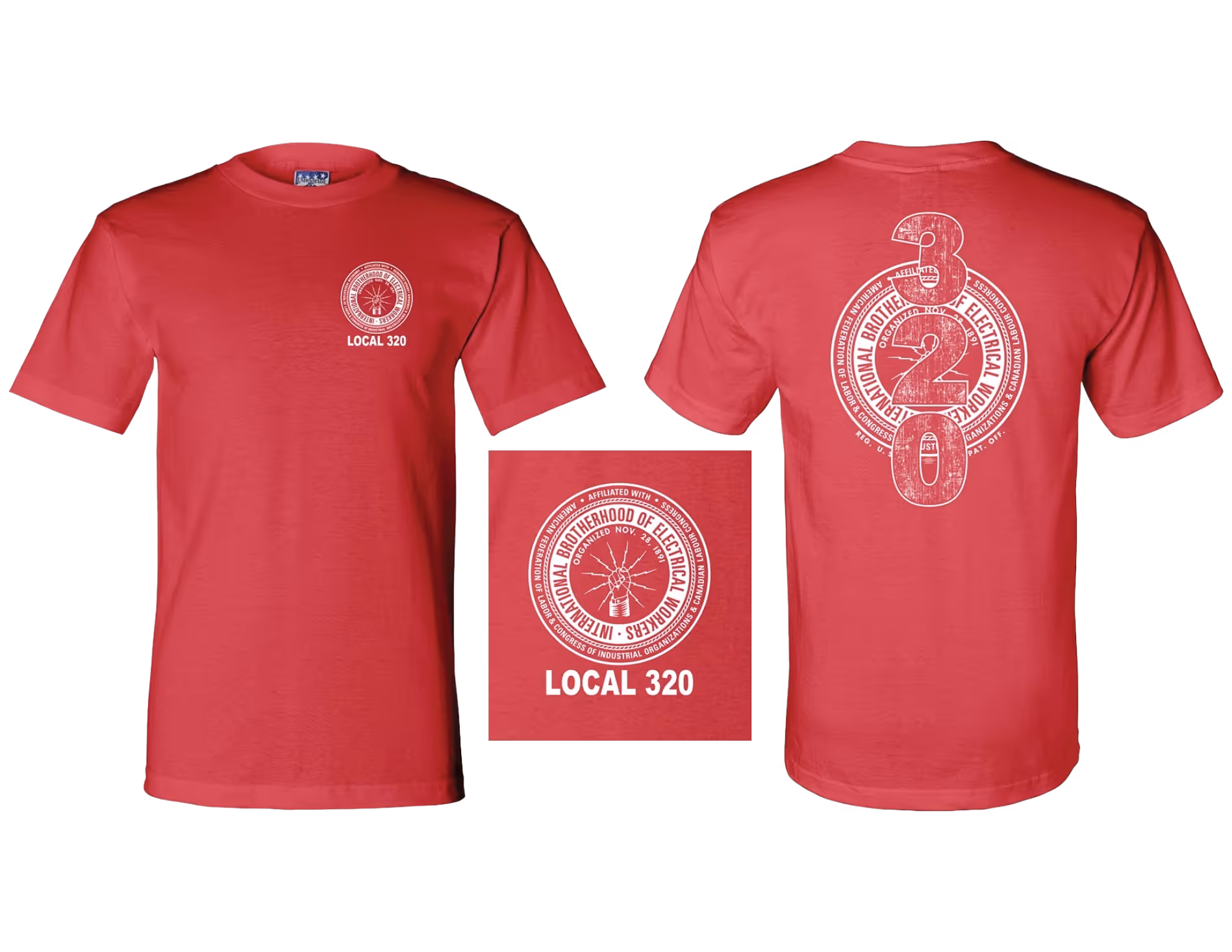Red t-shirt featuring white ink graphics: "Local 320" on the front and a large emblem with "320" on the back.
