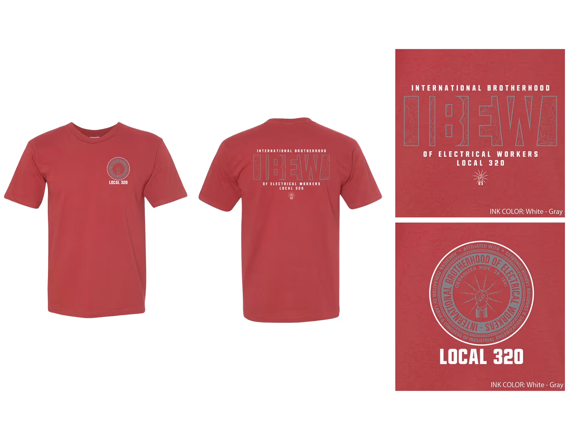 Red t-shirt featuring the IBEW Local 320 logo on the front and back, with white and gray ink accents.