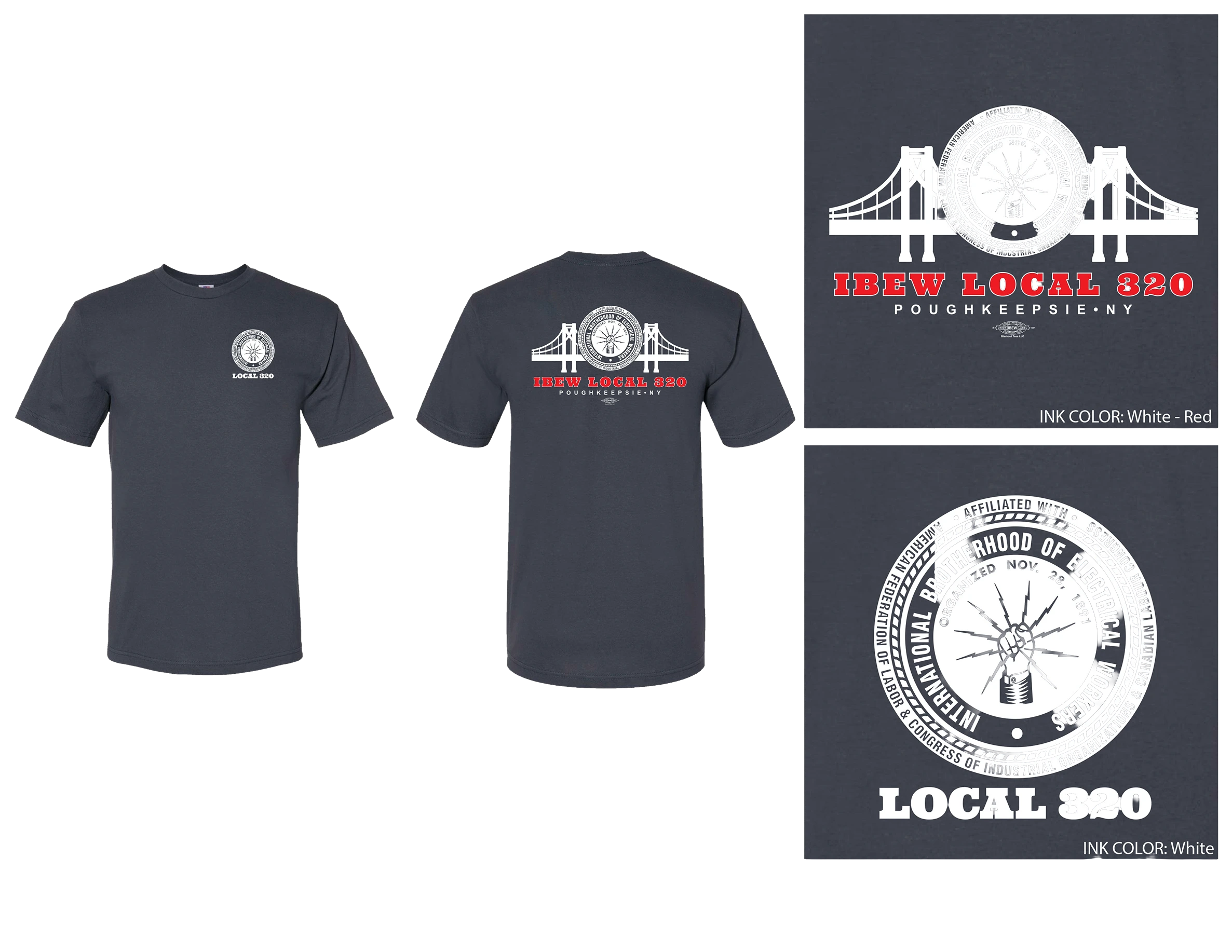 IBEW Local 320 navy t-shirt featuring a bridge graphic and text in red and white, showcasing union pride and local affiliation.