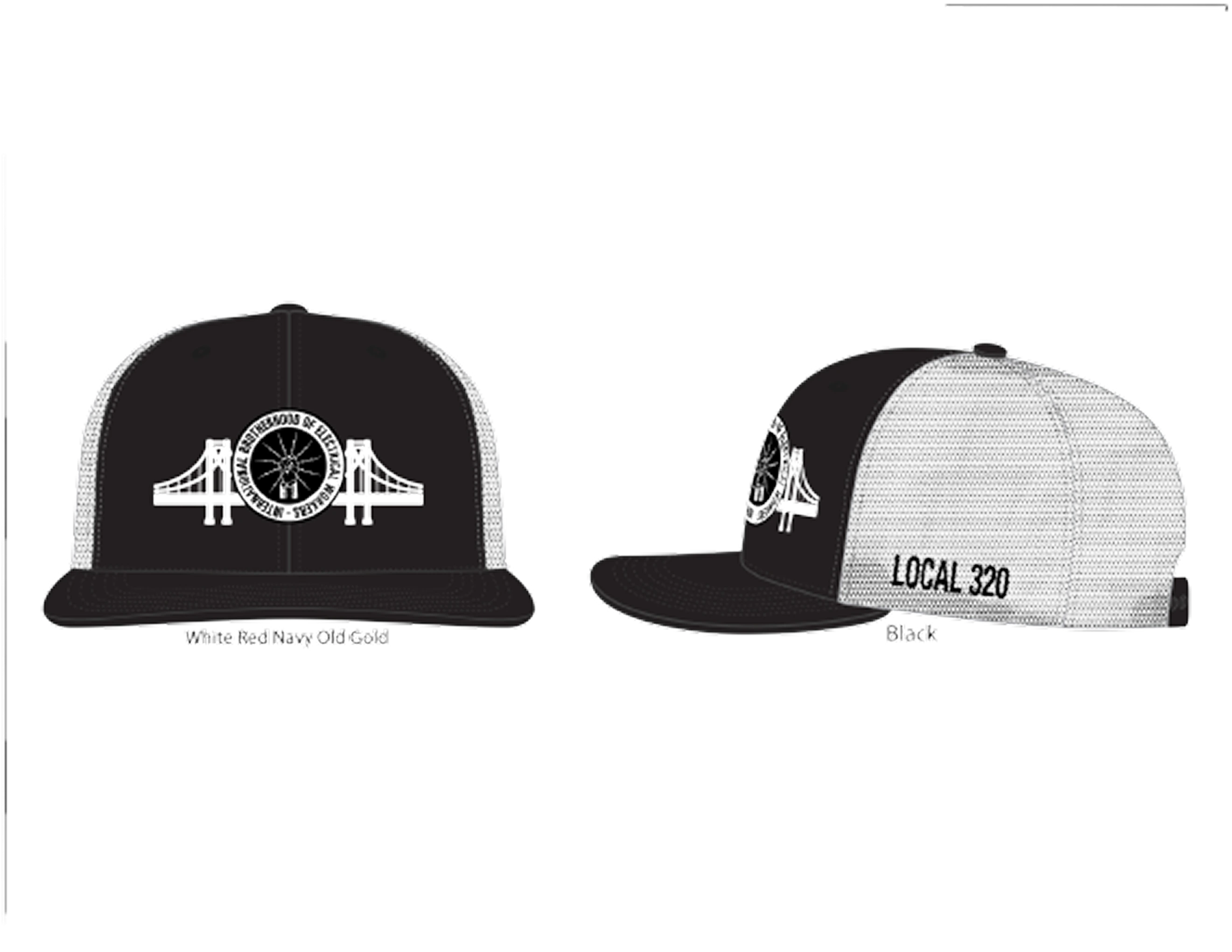 A black and grey baseball cap featuring a bridge logo and "LOCAL 320" text, showcasing a mesh back and flat brim design.