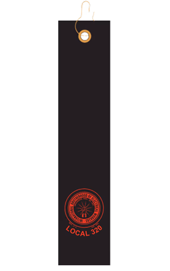 Black tag featuring a red circular emblem with "LOCAL 320" and "Brotherhood of Electrical Workers" written around a compass design.