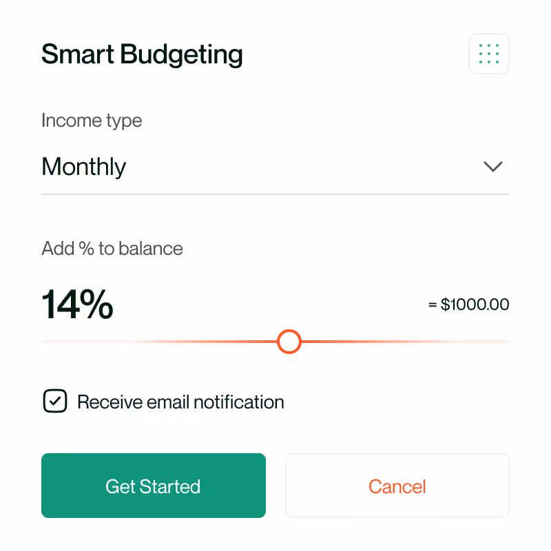 Smart Budgeting app interface showing a monthly income type, 14% balance allocation, email notification option, and Get Started and Cancel buttons.
