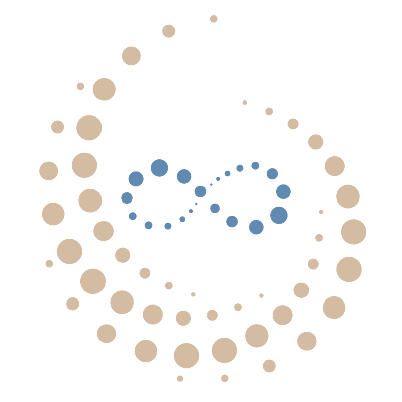 Blaues Unendlichkeitssymbol aus Punkten, umgeben von einem kreisförmigen Muster aus beigen Punkten auf schwarzem Hintergrund.