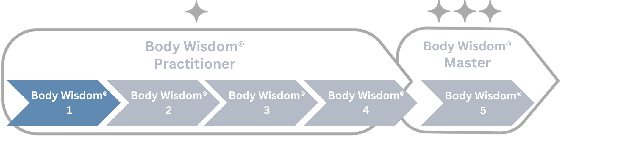 Diagramm mit fünf Pfeilen, die die Stufen der Body Wisdom® Ausbildung zeigen, von Body Wisdom® 1 bis Body Wisdom® 5, unterteilt in Body Wisdom® Practitioner und Body Wisdom® Master.