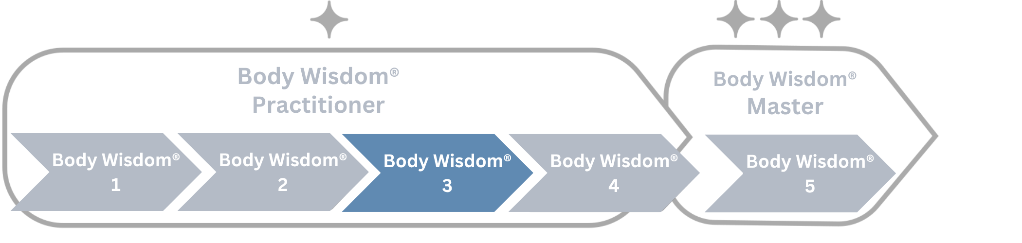 Fortschrittsdiagramm der Body Wisdom®-Ausbildung mit fünf Stufen, wobei Stufe 3 hervorgehoben und in den Kategorien Practitioner und Master unterteilt ist.