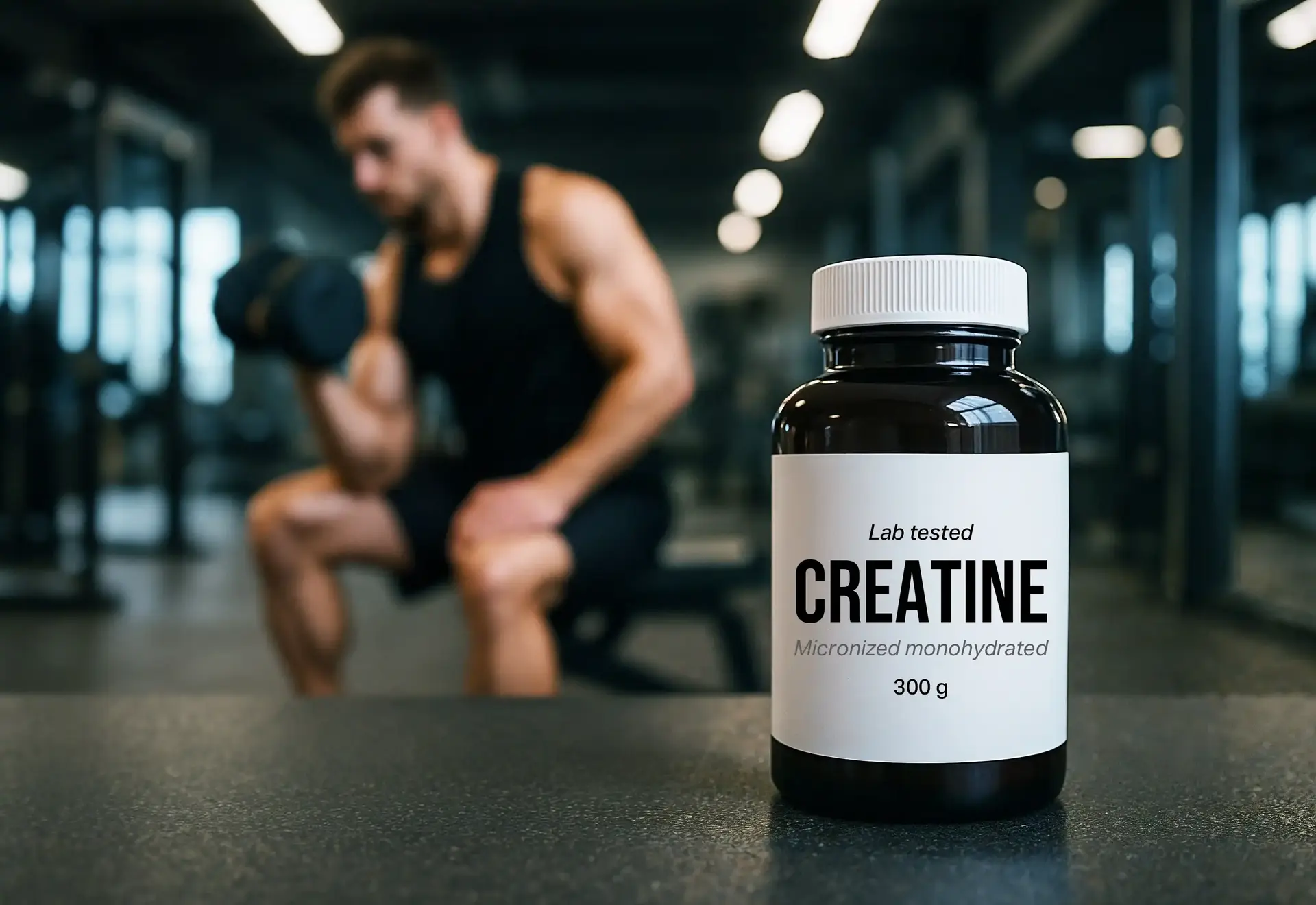 A weightlifter behind a bottle of creatine. 
