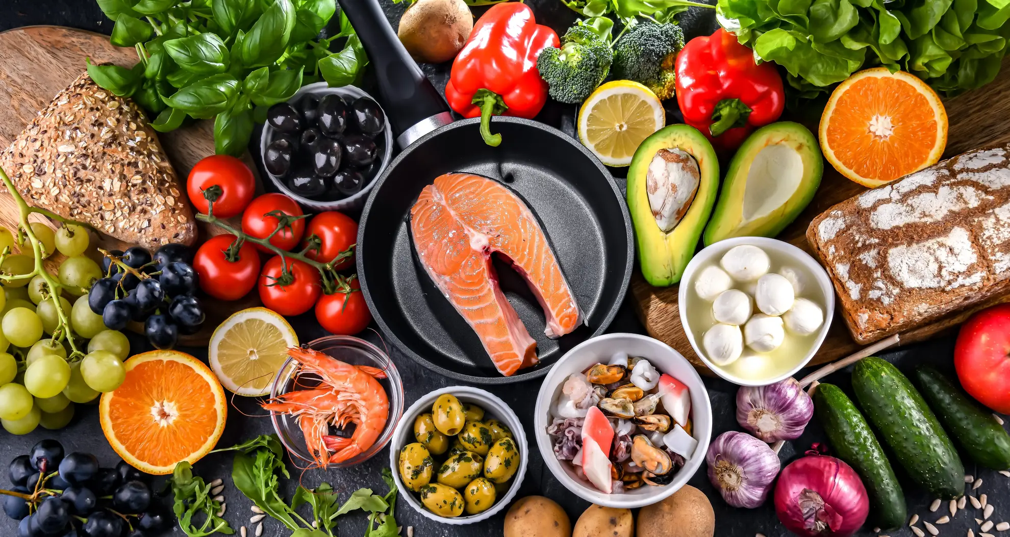 An array of healthy foods from the Mediterranean diet.