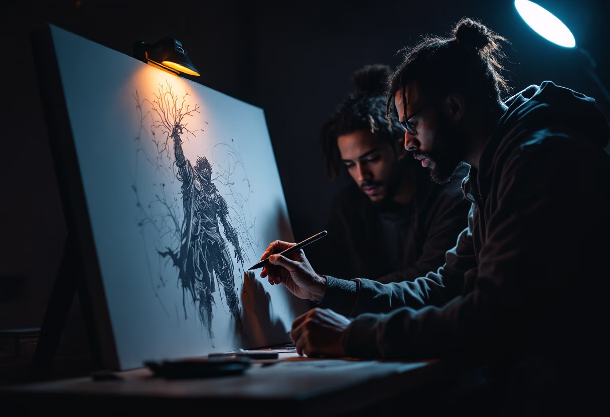 image of behind-the-scenes creation (two artists collaborating on a game character design)