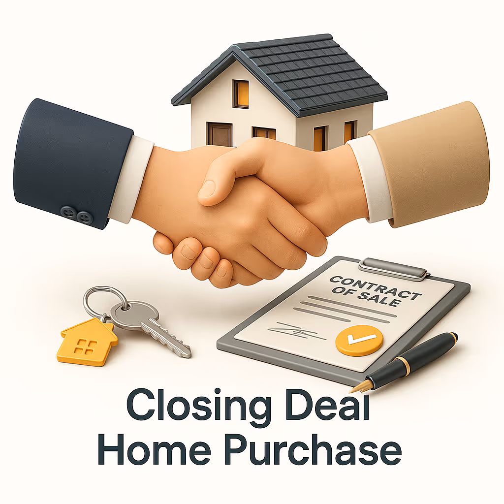 Two hands shaking over a small house model, with a contract of sale clipboard, pen, and house key beside them, symbolizing a closing deal for a home purchase.