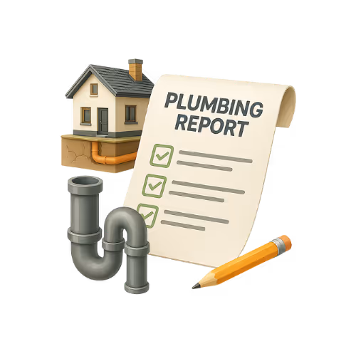 Illustration of a plumbing report with a house, pipes, and a pencil, showing checked items on a checklist.
