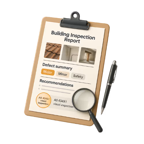 Clipboard with building inspection report showing photos of roof and wall defects, defect summary with major, minor, safety categories, recommendations, magnifying glass, and pen.