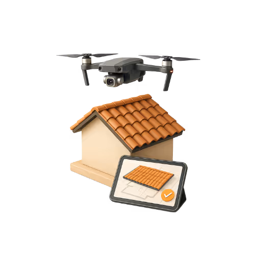 Drone flying above a small house model with a tiled roof and a tablet displaying a roof design with a checkmark.