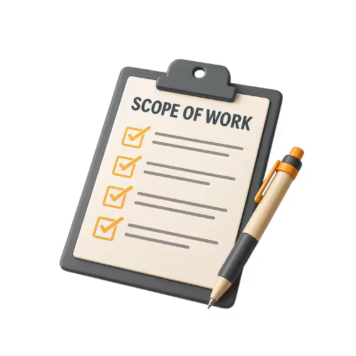 Clipboard with a paper titled 'Scope of Work' showing four checked checkboxes and a pen resting on the right side.