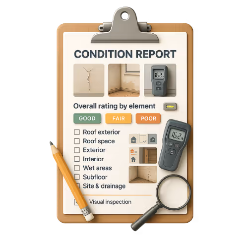 Clipboard with a condition report listing inspection items, images of wall cracks and moisture meter readings, a pencil, and a magnifying glass.