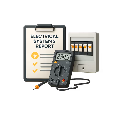 Clipboard with Electrical Systems Report, digital multimeter displaying 230.5, and an electrical circuit breaker panel.