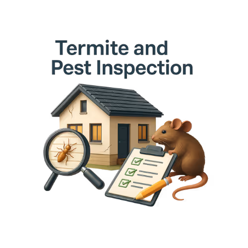 Graphic showing a house with cracks, a magnifying glass highlighting a termite, a clipboard with checklist, and a mouse, illustrating termite and pest inspection.