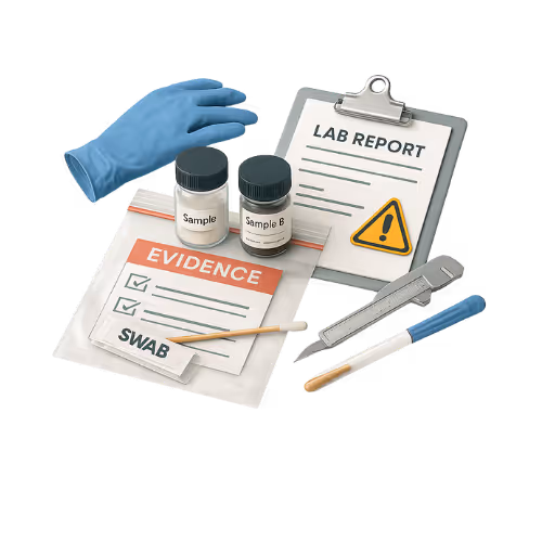 Gloved hand, two sample jars labeled Sample and Sample B, evidence bag with swab, lab report clipboard, cutting tool, and swab stick.