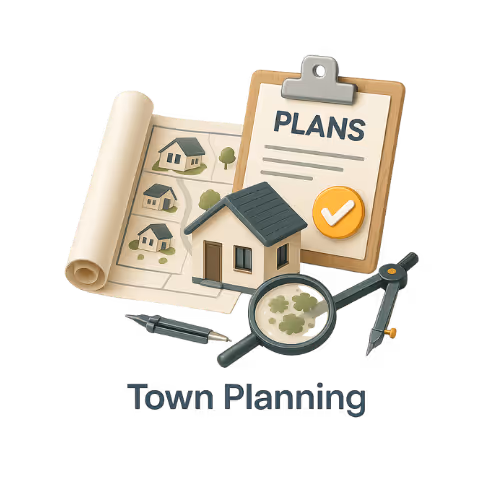 Illustration of town planning with a rolled blueprint, model houses, clipboard labeled 'PLANS', magnifying glass, compass, and pen.