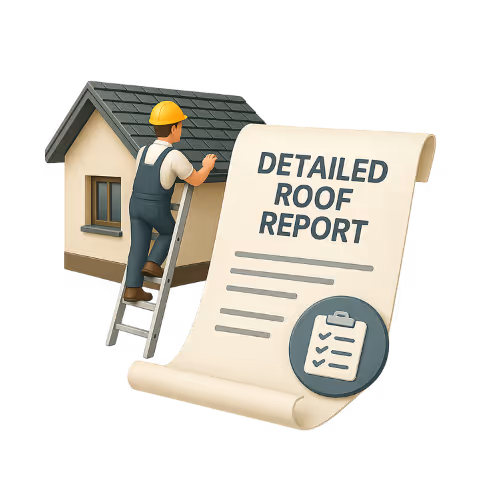 Illustration of a construction worker climbing a ladder to inspect a house roof next to a large rolled paper labeled 'DETAILED ROOF REPORT' with a checklist icon.