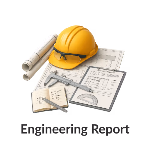 Yellow construction helmet, caliper, blueprints, notebook with pen, and engineering schematics labeled Engineering Report.