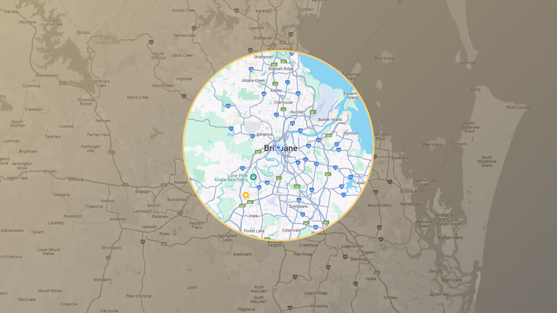 Map showing the city of Brisbane and surrounding areas with roads, landmarks, and nearby islands highlighted within a circular area.