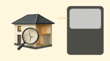 3D house model with magnifying glass highlighting cracks in walls, pointing to empty label area on the right.