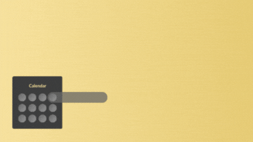 Animation of a black calendar icon with grey dots and a pointer moving toward a checkmark on a yellow background.