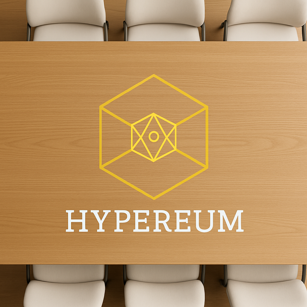 AI-generated image of a boardroom table with the Hypereum™ logo in the center