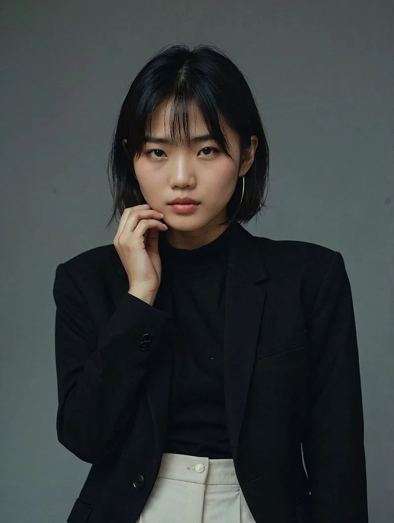 A woman in a black jacket and white pants.