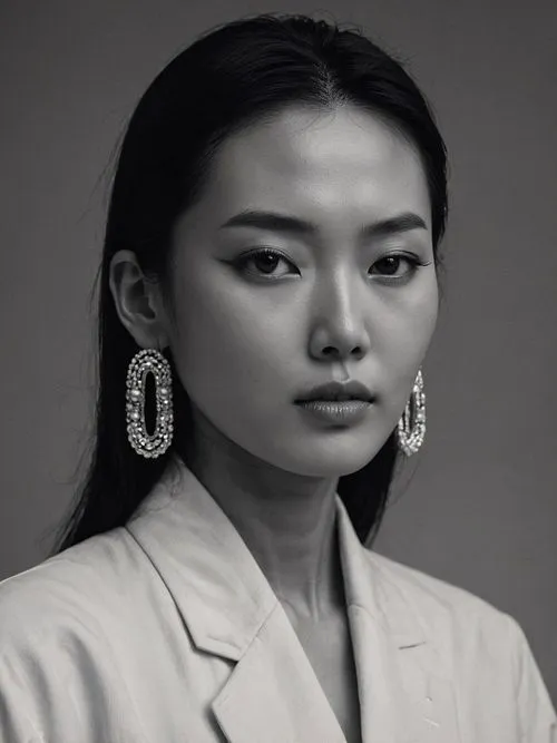 A black and white photo of a woman wearing earrings.