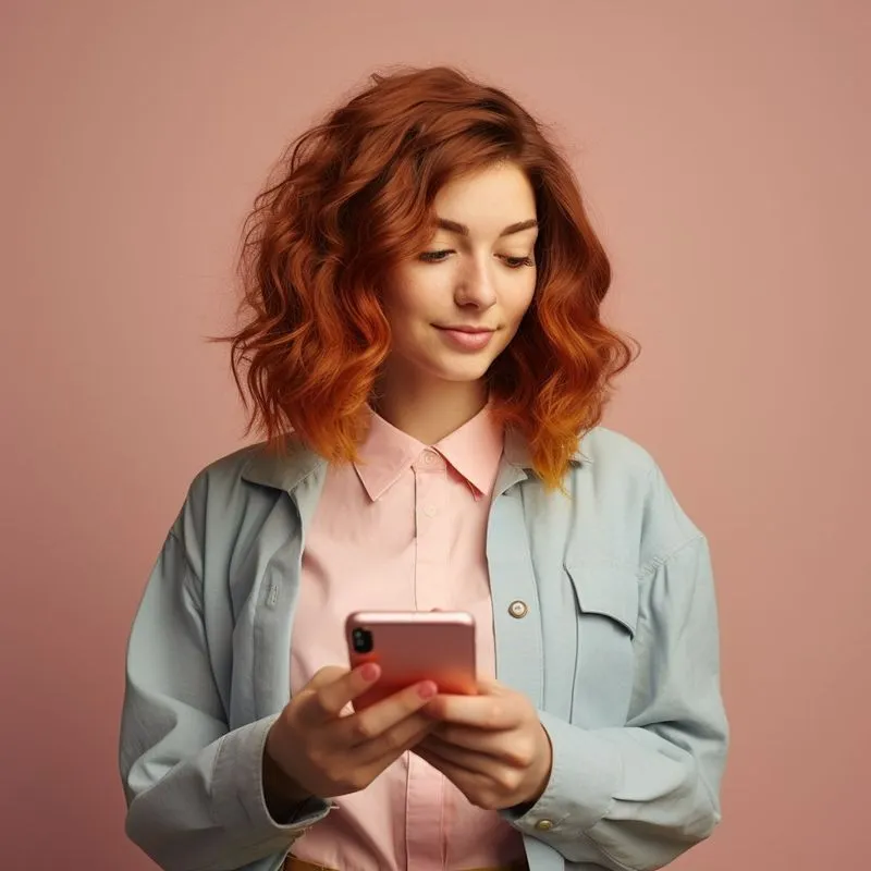 A woman with red hair is looking at her cell phone.