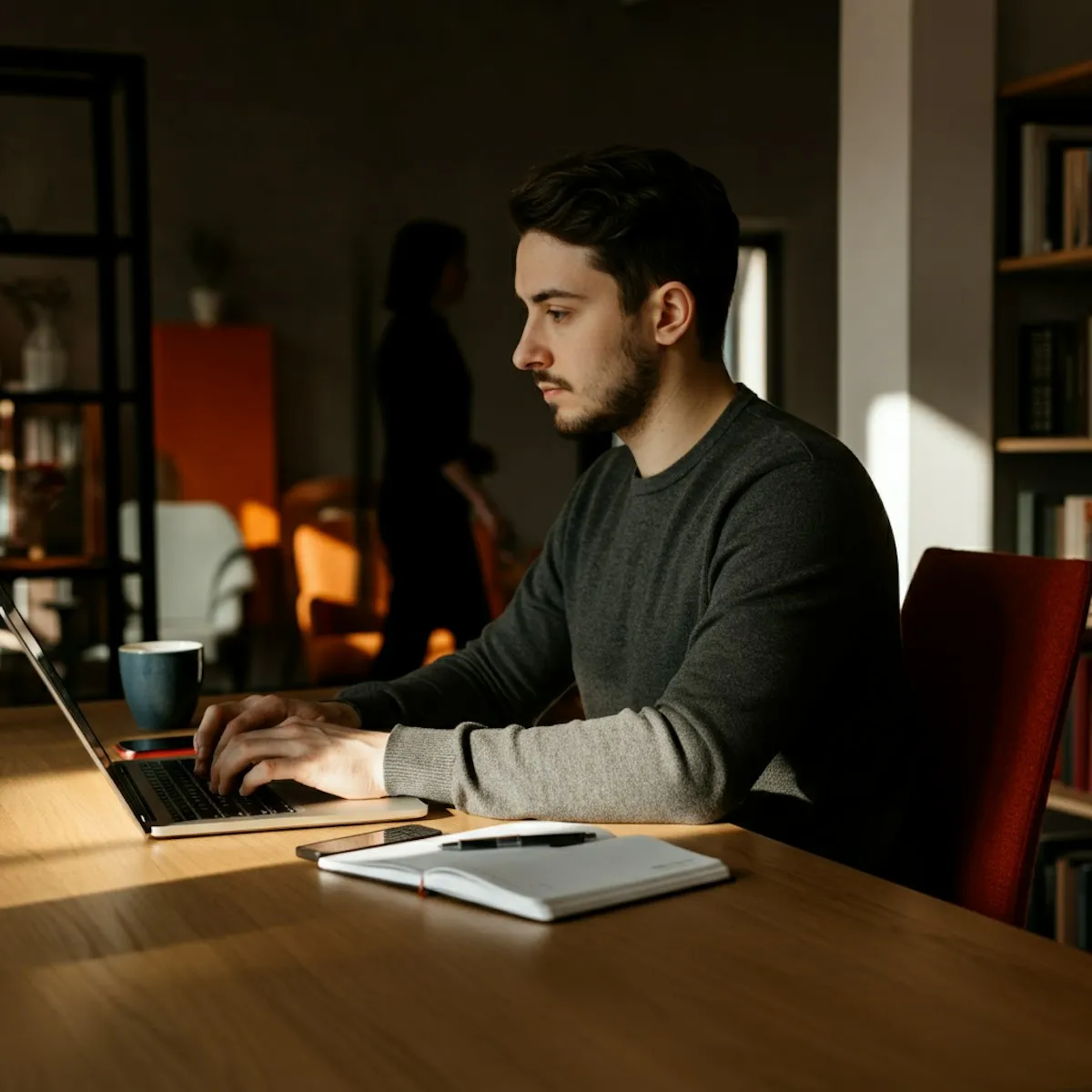 A man sitting in front of a laptop computer.