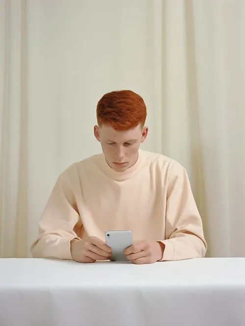 A man sitting at a table looking at a cell phone.