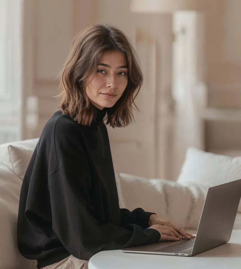A woman sitting on a couch using a laptop computer.