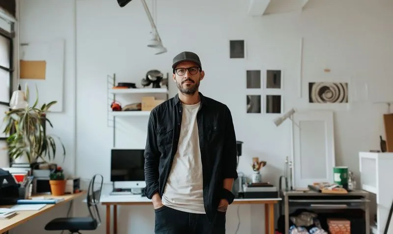 A man standing in front of a desk in a room.