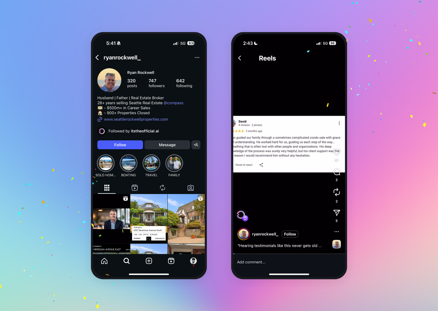 Two smartphones displaying Instagram profile and a testimonial reel of real estate broker Ryan Rockwell with property listings and client review.